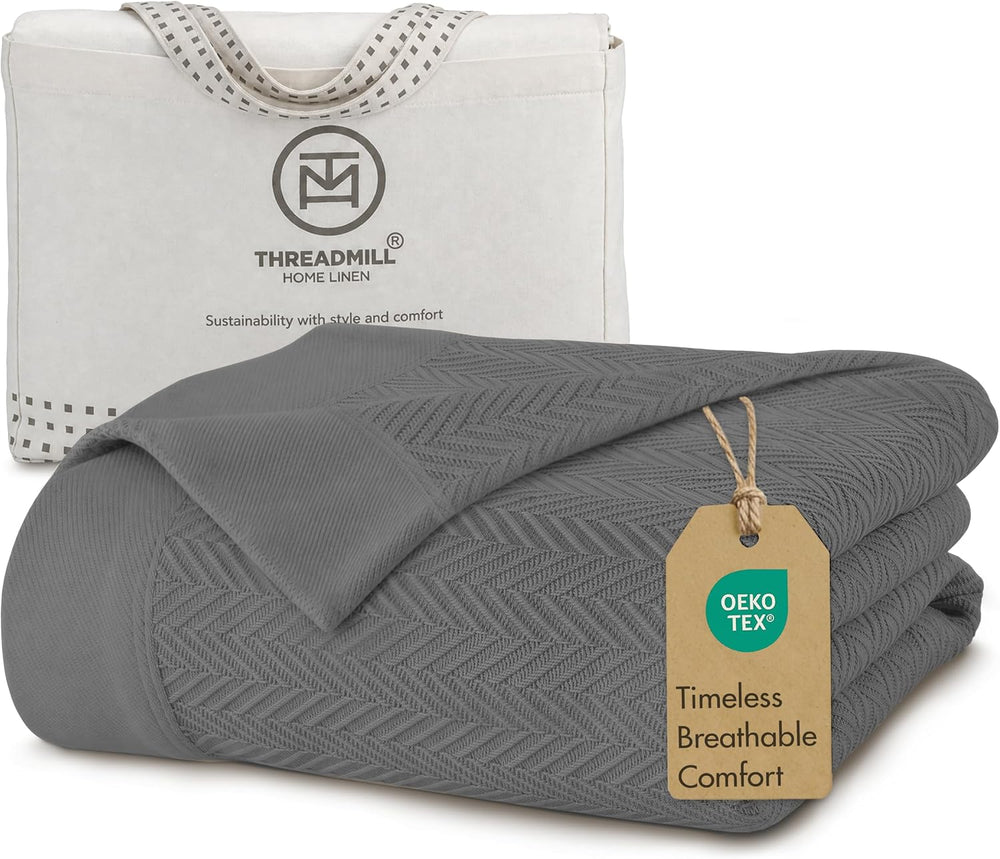 Threadmill Luxury 100% Cotton Queen Herringbone Blanket, Dark Grey