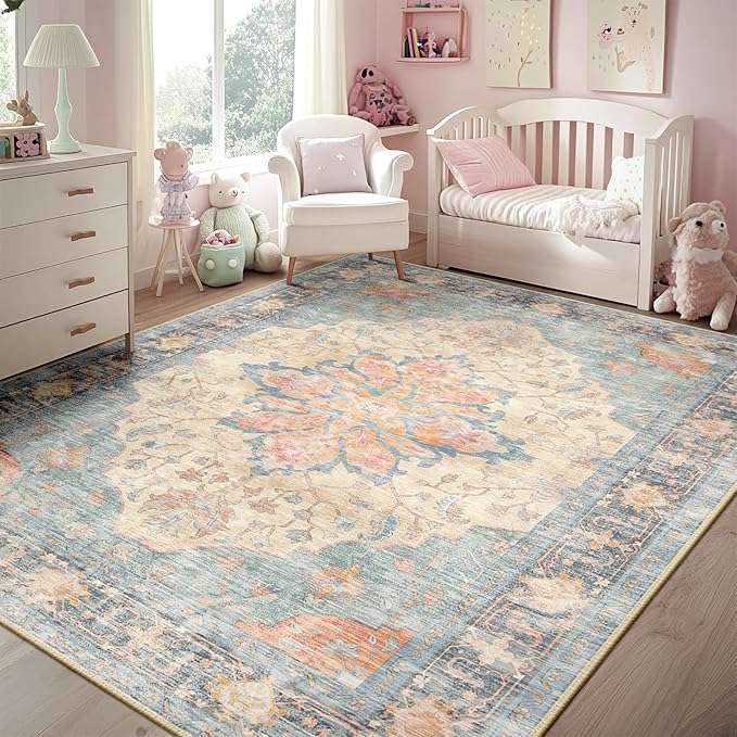 RELEANY Area Rugs 5'x7' Washable Non-Slip, Floral Vintage Distress Print by RELEANY