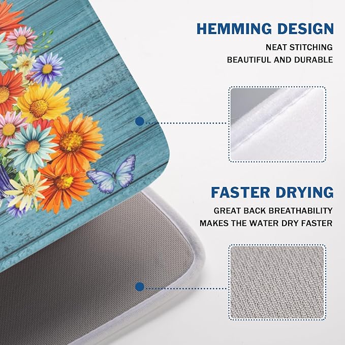 Vintage Floral Dish Drying Mat for Kitchen Counter Rustic Flower Vases Wooden - Image 4