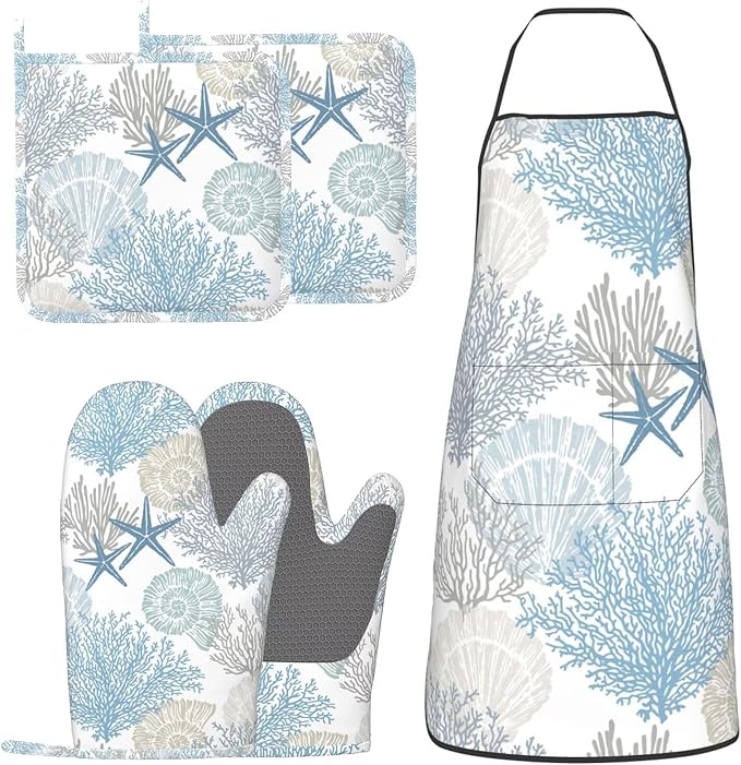 Nautical Coastal Oven Mitts Pot Holders Blue Cooking Apron Set of 5 Silicone by Unknown