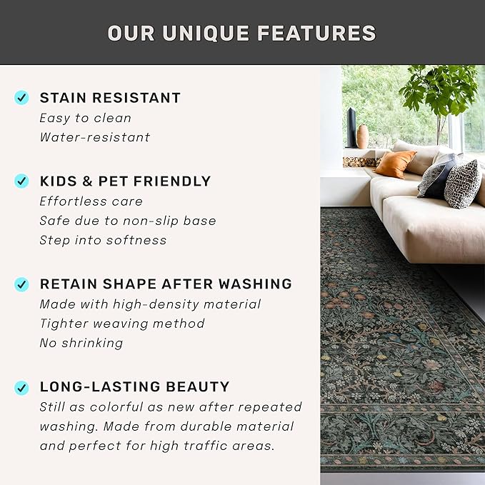 Dark Green Washable 3x16 Extra Long Runner Rug - Image 7