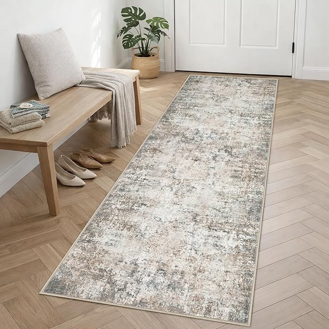 2.6'x8' Runner Rug Washable Rug;Modern Abstract Soft Thin Runner Rug Brown Grey - Image 2