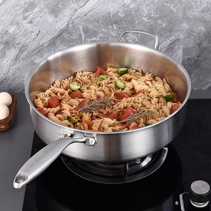 LOLYKITCH 5 Quarts Tri-Ply Stainless Steel Sauté Pan wih Lid, 12 Inch Deep - Image 6