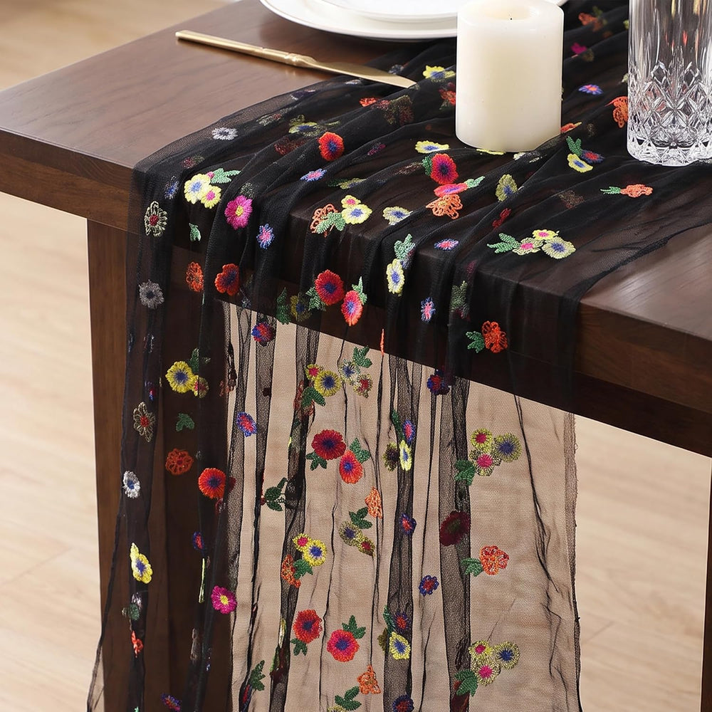 Black Embroidered Floral Daisy Tulle Table Runner Halloween 10FT 6 Pack