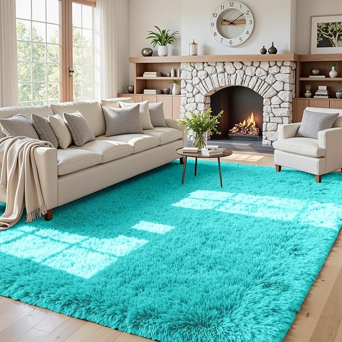 5x7 Area Rugs for Living Room Rug: Soft Fluffy Shag Teal Blue Rugs for Bedroom by CarpetAddColortoYourLife