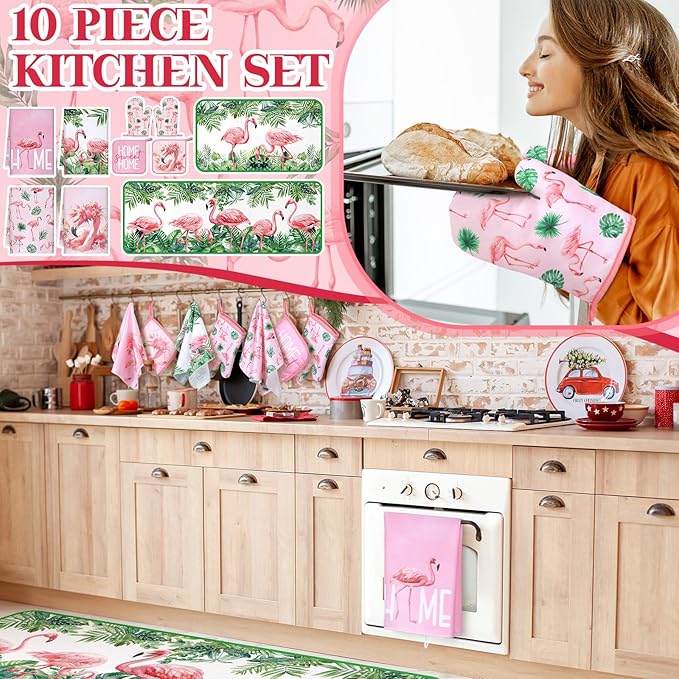 Fourluoo 10 Pcs Flamingo Kitchen Dish Towels Rugs Oven Mitts and Pot Holders - Image 2