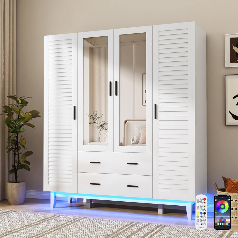 4 Door Armoire Wardrobe Closet Cabinet with Drawers and LED Lights, Multi-Tie...