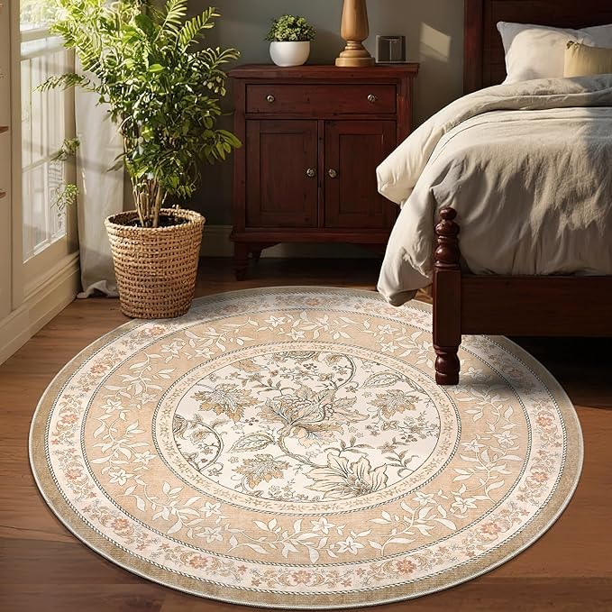 GarveeHome Pinkish Brown Botanical Grove 5ft Round Rug, Small Circle Vintage - Image 4