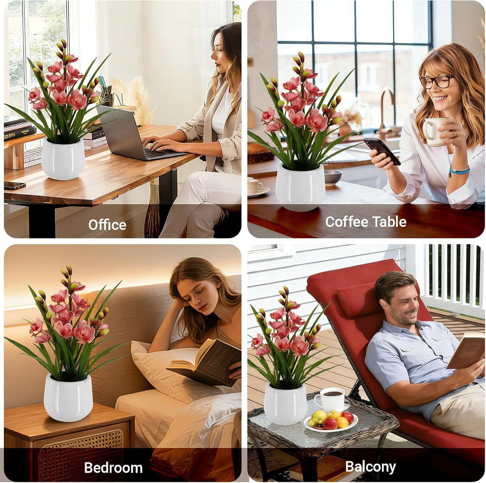 Faux Orchid Plant 19" Tall, Realistic Touch Leaves, Potted Cymbidium Art...
