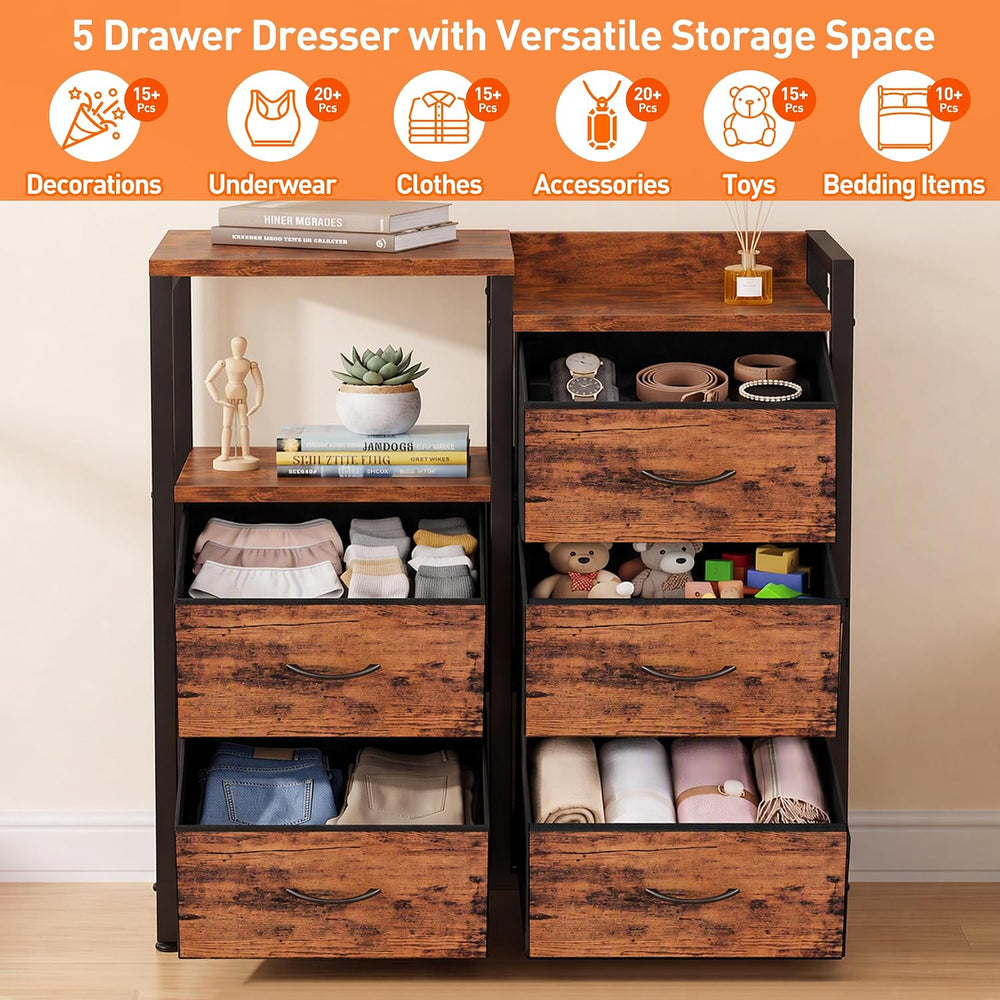 Rustic Brown Dressers for Bedroom, 5 Drawer Dresser for Closet