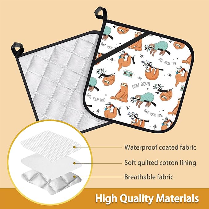 Funny Sloth Pot Holder Set of 2, Heat Resistant Potholders Oven Hot Pads - Image 3