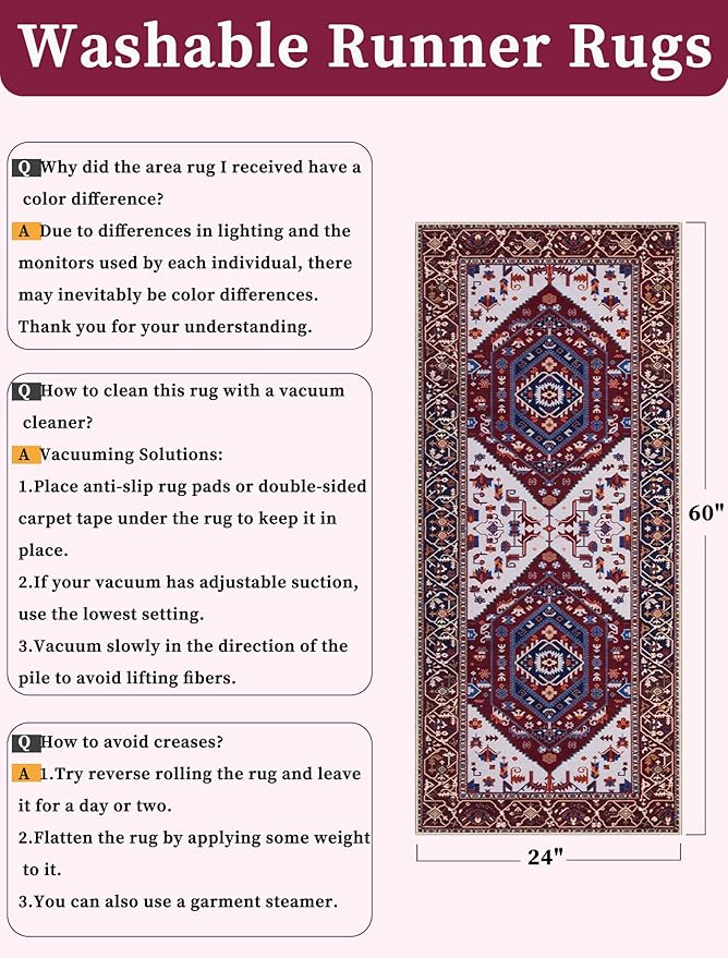 SERISSA Boho Washable Runner Rug, 2x5 Rug Runner Non-Slip Vintage Burgundy Navy - Image 6