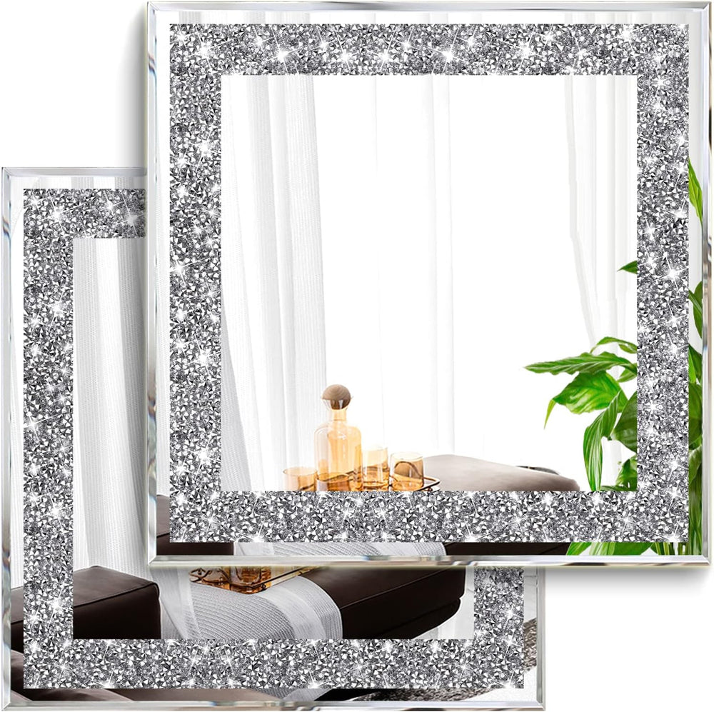 2 Piece Wall Mirrors, Crush Diamond Mirrors Decor, Silver Decorative for Livi...