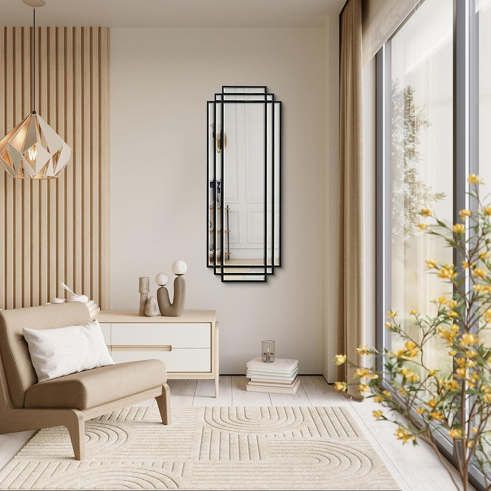 42"x16" Geometric Decorative Beveled Mirror with Black Wood Frame