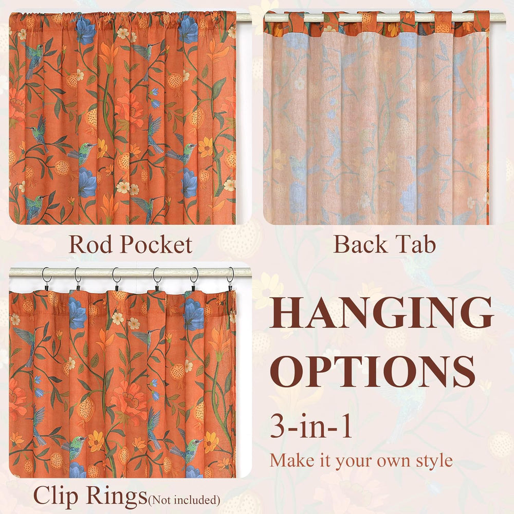 Terracotta Floral Linen Curtains, Boho Whimsical Bird Print Curtains for Bedr...