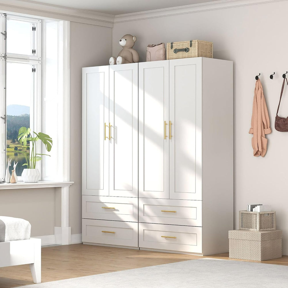 White Wardrobe with 4 Doors and 4 Drawers，75" Tall x 63" Wide