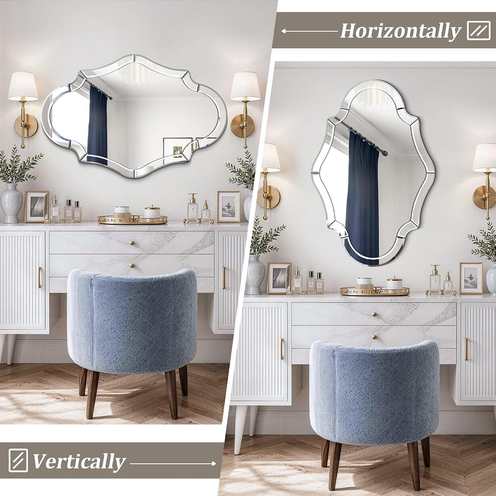47"x32" Scalloped Beveled Glass Wall Mirror, Solid Wood Backing