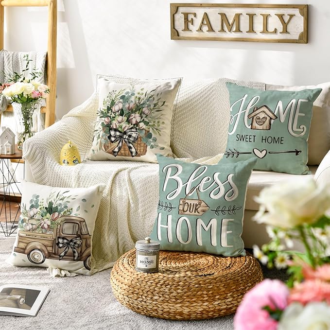 AVOIN colorlife Bless Our Home Farmhouse Eucalyptus Leaves Throw Pillow Covers - Image 2