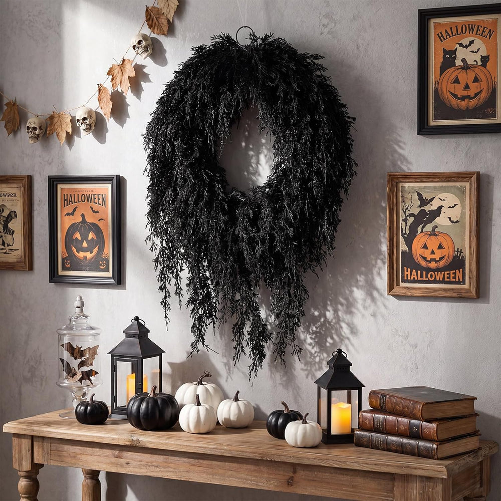Suncalla 20" Black Halloween Artificial Wreath, Cedar Wreath