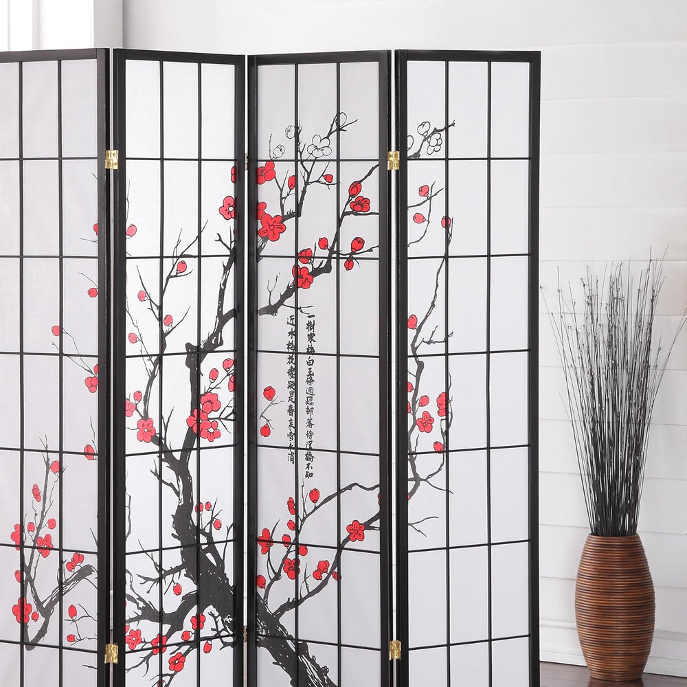 Roundhill Furniture Black Japanese 4-Panel Screen Room Divider, Plum Blossom