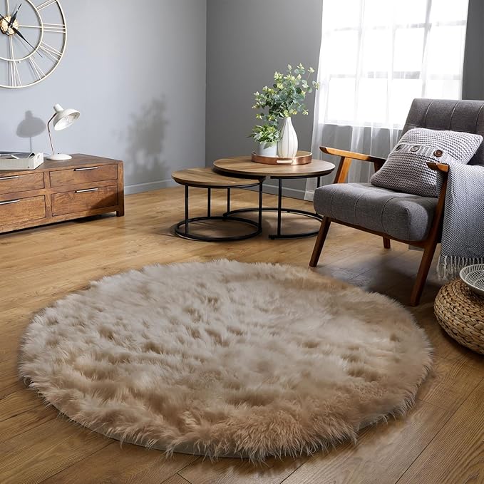 Latepis Round Rug 6.7ft Light Brown Beige Faux Fur Circle Rugs Washable Shag by Latepis