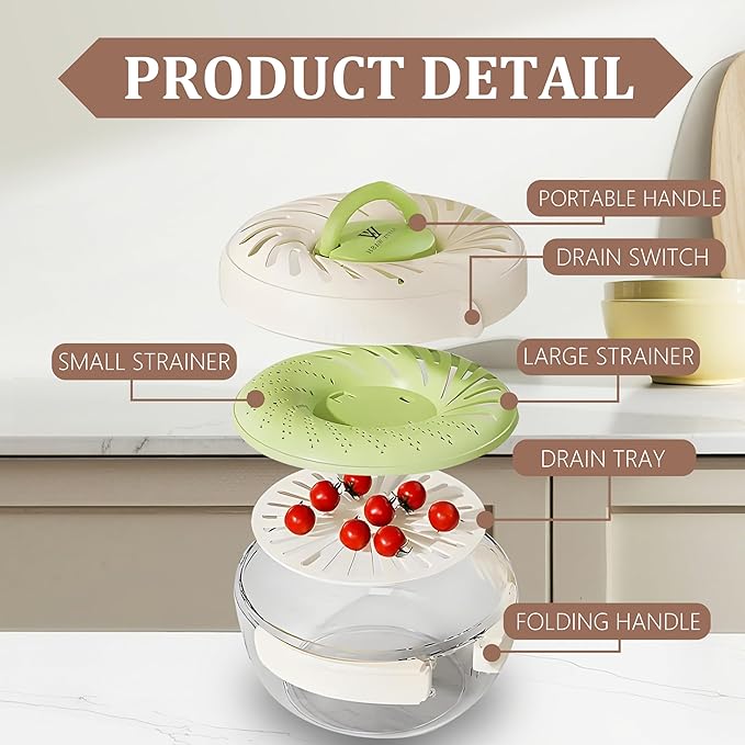 Fruit Washing Bowl with Strainer and Lid with Handle, Portable Strainers and - Image 7