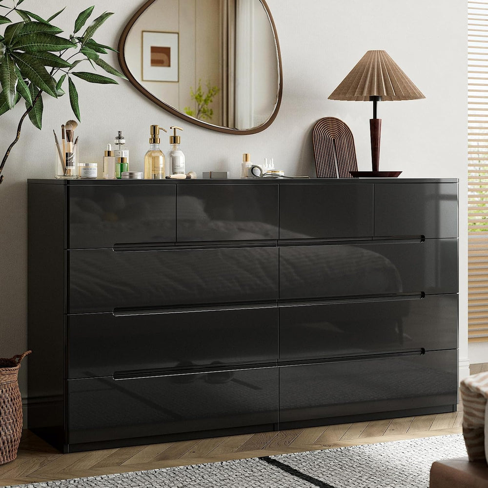10 Drawer Dresser for Bedroom, 55" Long High Gloss Dresser, Black