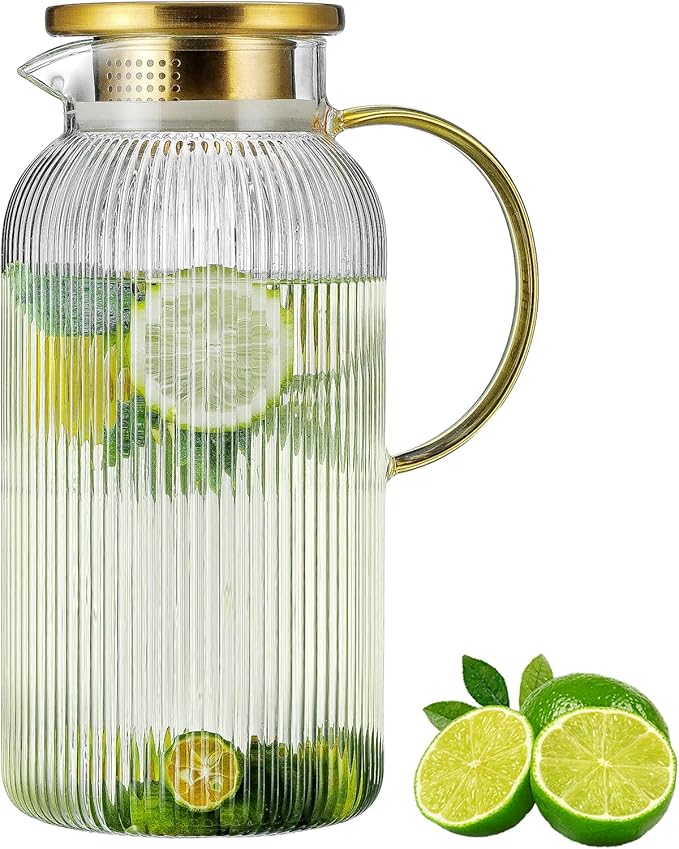 Buaic Glass Pitcher with Lid, 84oz/2.5 Liter Classic Vertical Stripes Water by Buaic