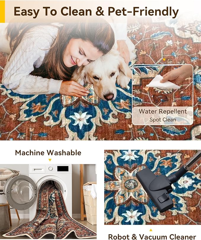 Area Rugs 8'x10' Washable Non-Slip, Floral Vintage Distress Print Pattern - Image 4
