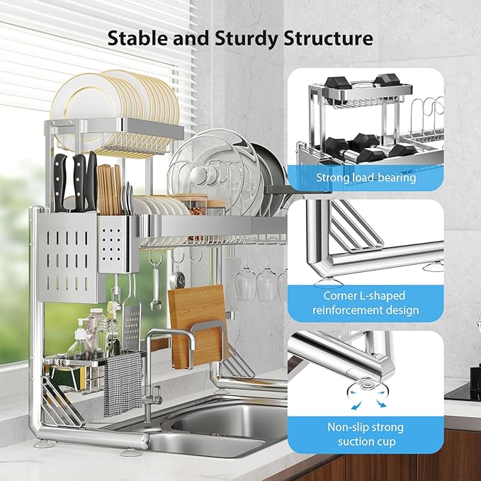 Over Sink Dish Drying Rack, Upgrade 2.5-Tier 304 Stainless Steel Dish Rack