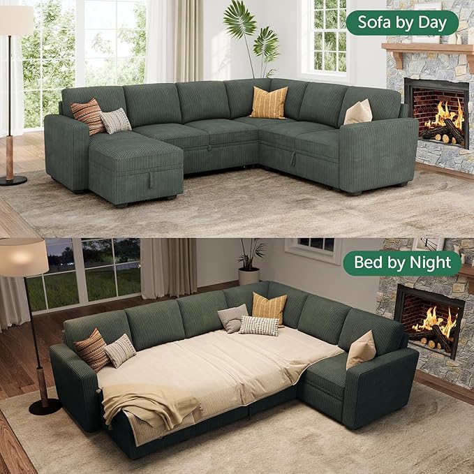 HONBAY Modular Sectional Sleeper Sofa with Pull Out Bed, Corduroy Couch with ...