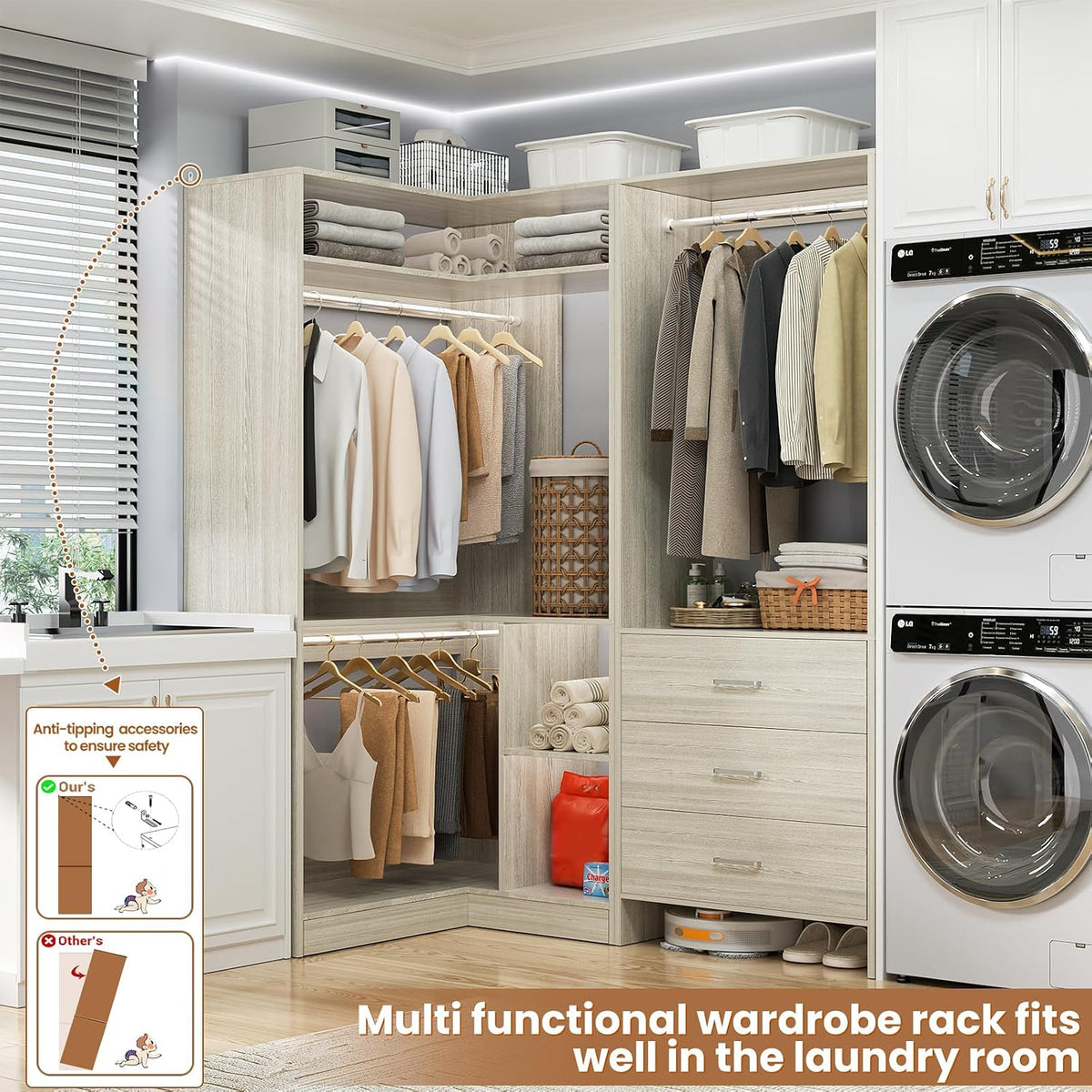 aheaplus closet system with 3 drawers, l-shaped closet,set shown in use