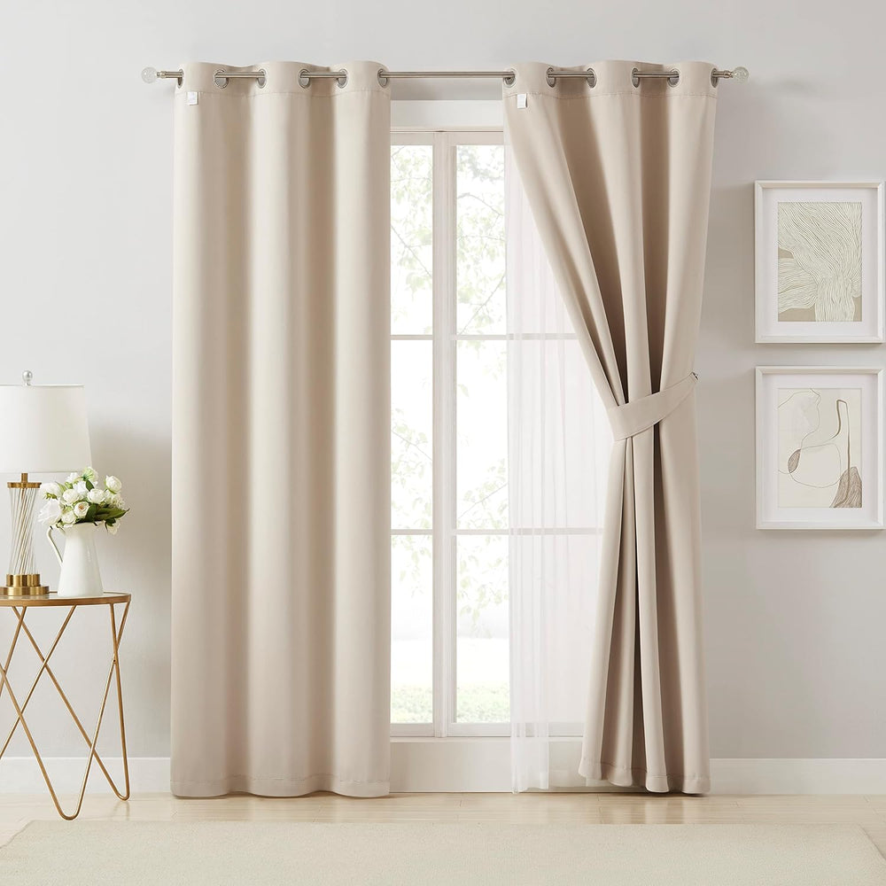 Bujasso Beige 90% Blackout Curtains with Sheer Overlay Mix and Match Double L...