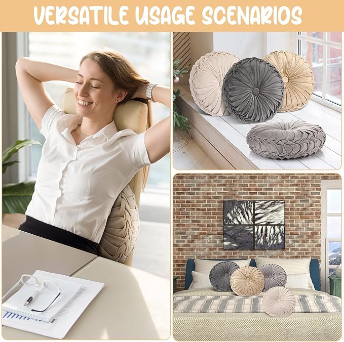 Kathfly Set of 4 Decorative Round Pleated Throw Pillows, Classy Velvet Pumpkin - Image 5