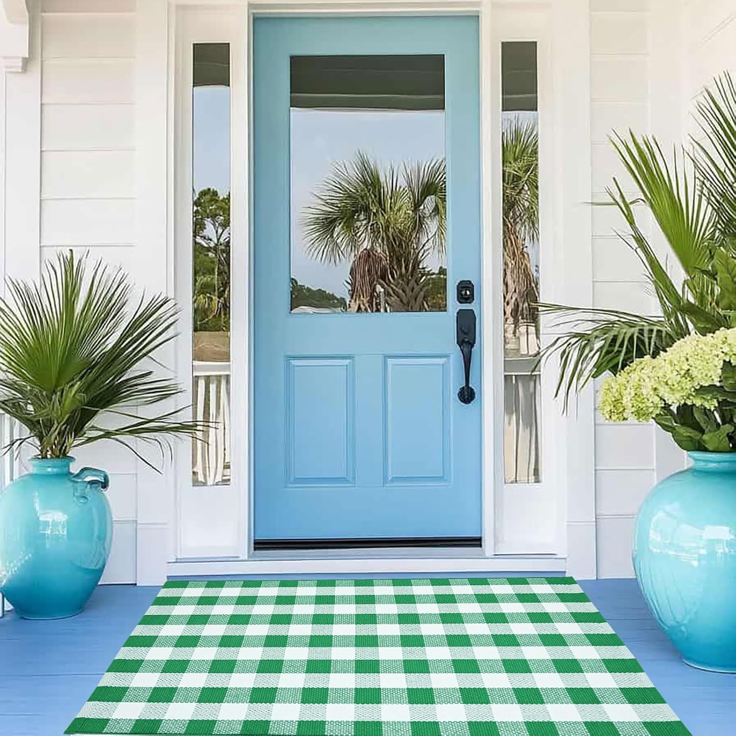 CAINANEL Buffalo Plaid Outdoor Rug Green and White Spring Door Mat Layering Rug Welcome Doormats for Spring Easter Farmhouse Entrance Porch Outdoors Decor