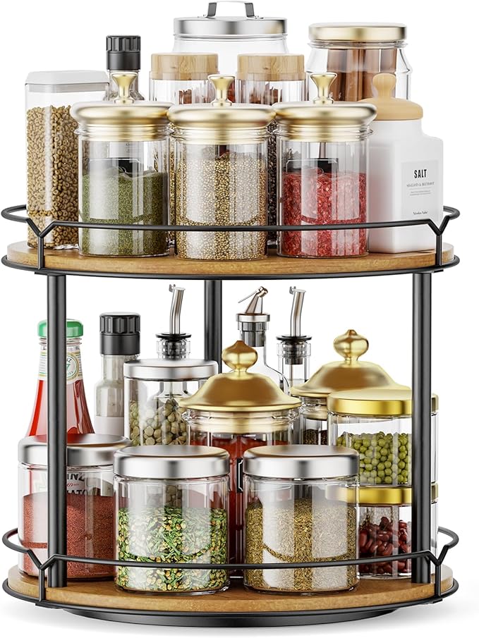 12.4" Lazy Susan Organizer 2 Tier, Rotating Spice Rack, Wooden Spinning ...