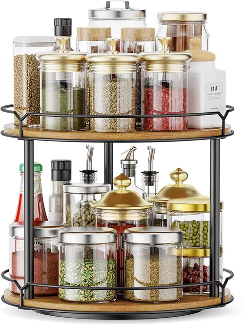 12.4" Lazy Susan Organizer 2 Tier, Rotating Spice Rack, Wooden Spinning Spice by Lifesmoreorganizedtidyup