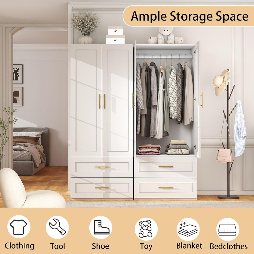 White Wardrobe with 4 Doors and 4 Drawers，75" Tall x 63" Wide