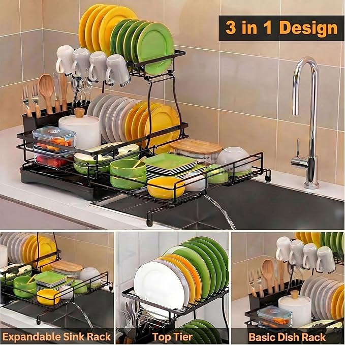 Over The Sink Large 2 Tier Dish Drying Rack Expandable, Dish Drainers