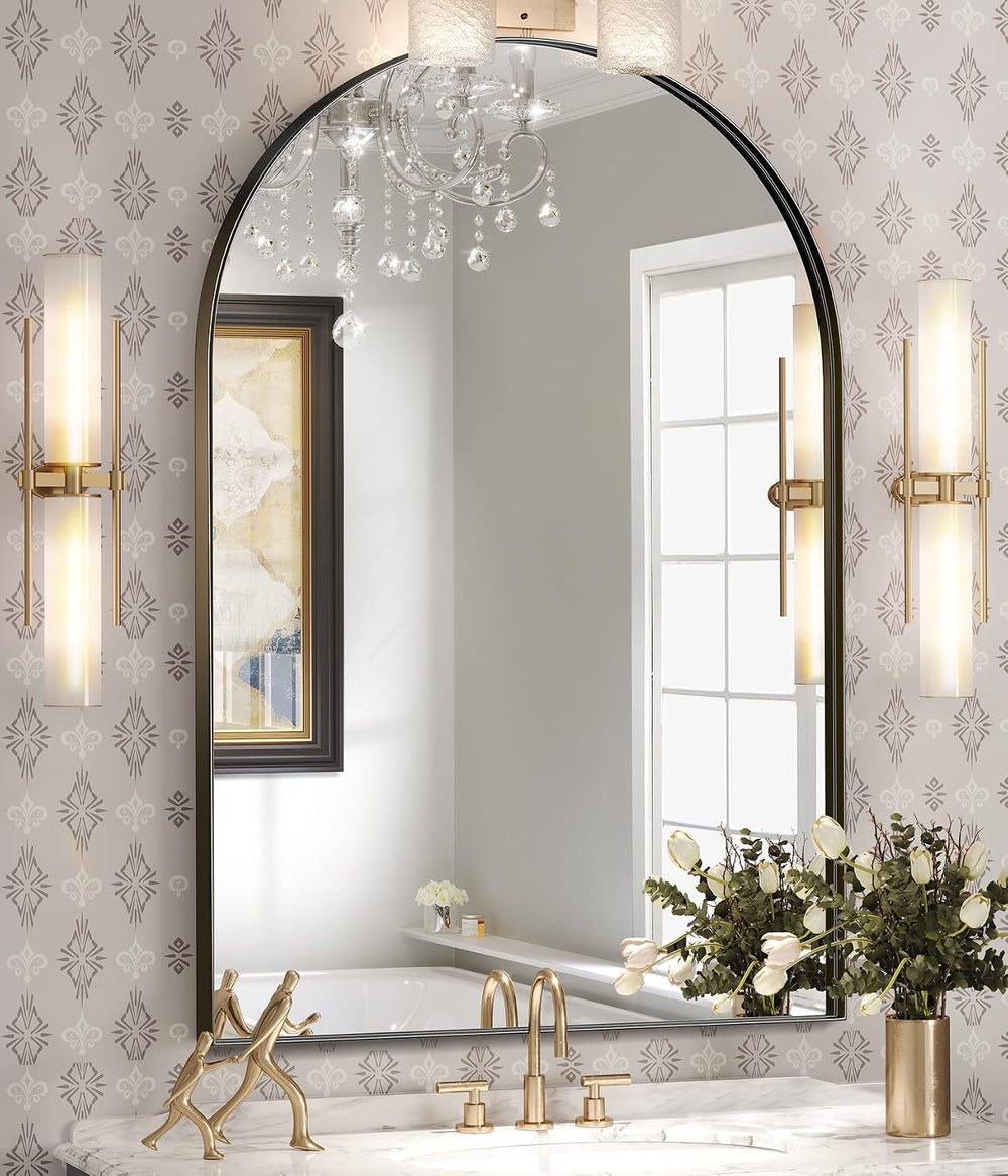 Arched Bathroom Mirrors Set of 2, 22x30 Black Rust-Resistant Metal Frame Vani...