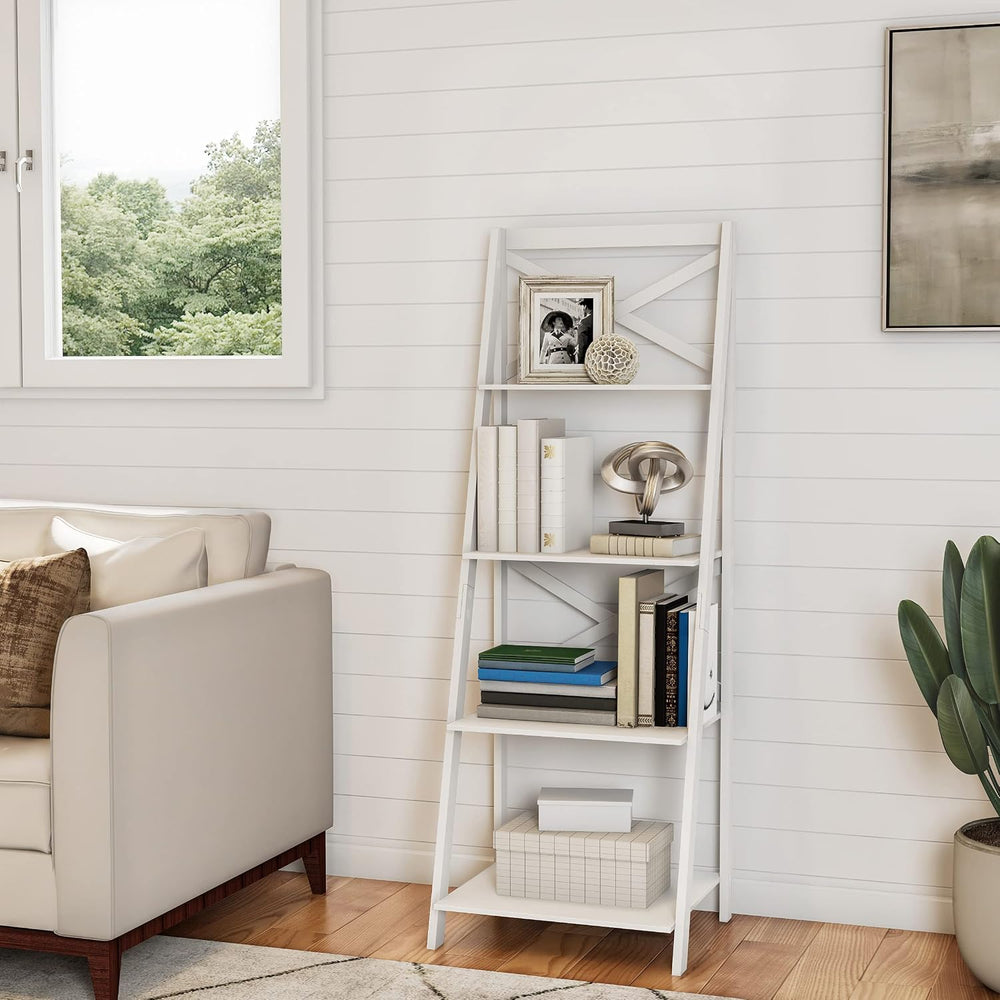 4-Tier Ladder Bookshelf - Freestanding Shelved Bookcase with X-Back Frame and...