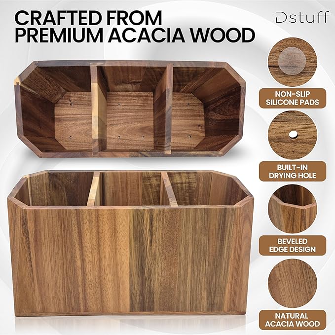 Large Kitchen Utensil Holder for Countertop – Acacia Wood Utensil Organizer - Image 3