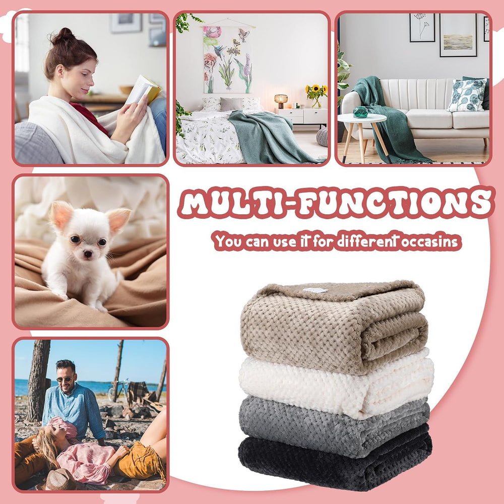 Newwiee 4 Pcs Fleece Throw Blanket, 3D Waffle Textured, Neutral Color