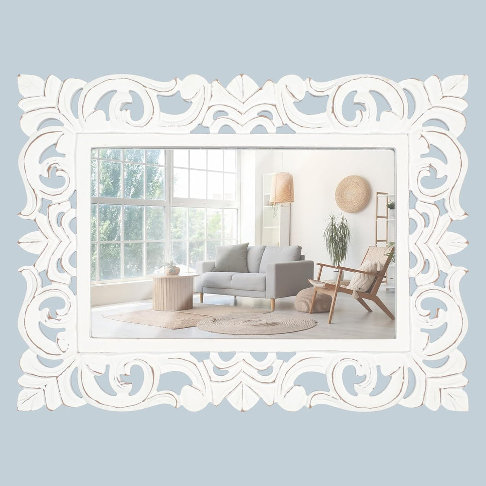 Lightnpro Hand Carved Rectangular Wall Mirror - 18×24 Inch Rustic Farmhouse W...