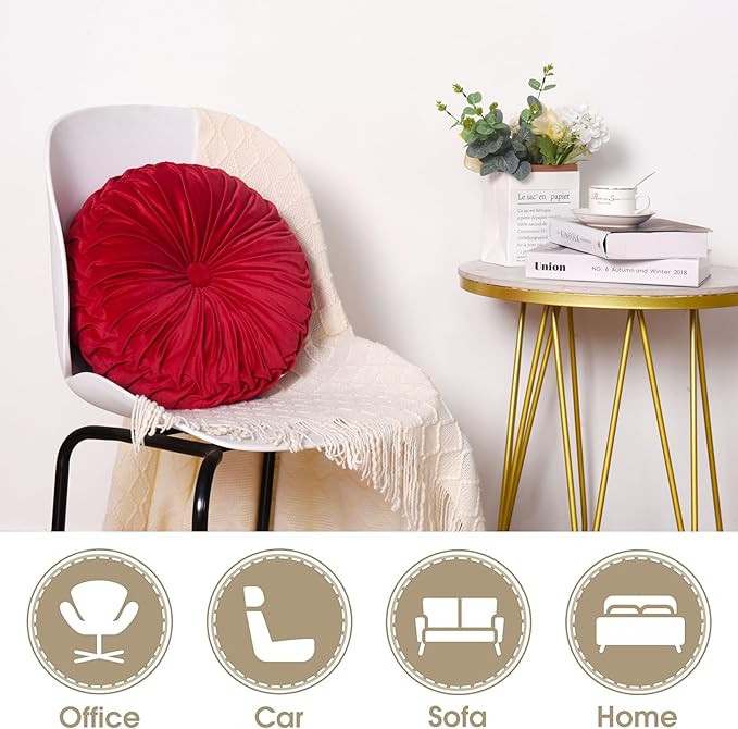 HIG Set of 2 Red Ruched Velvet Round Throw Pillows – 14.5’’ Decorative Pillows - Image 4