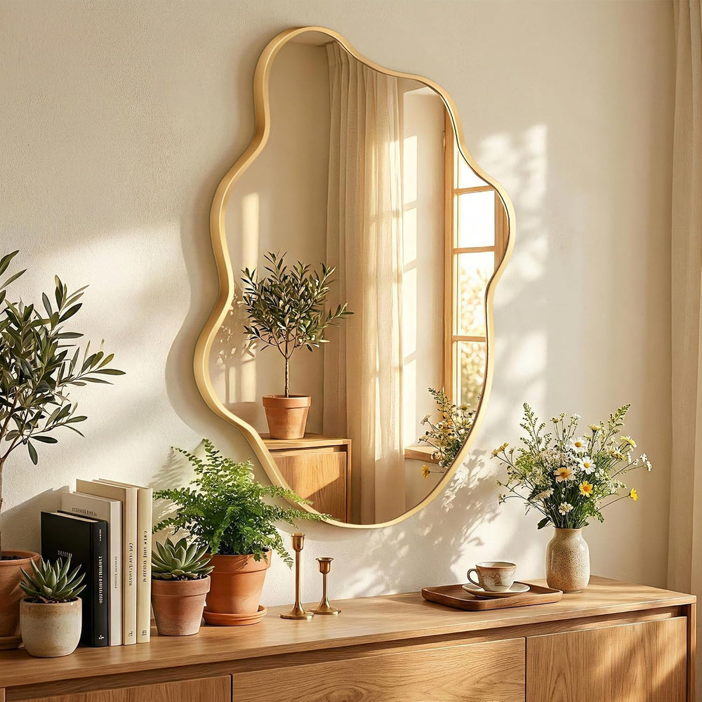 Gold Irregular Wall Mirror, Asymmetrical Bathroom Mirrors for wall