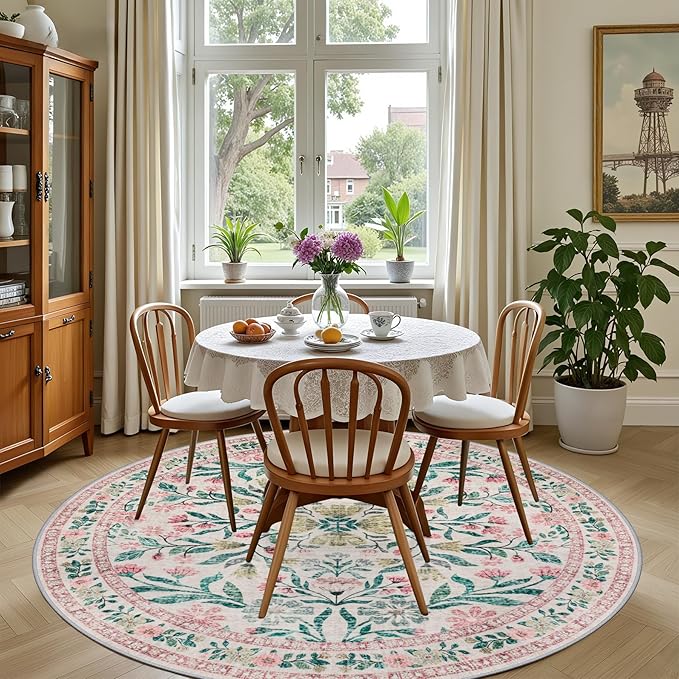 Round Area Rug for Living Room: 4 ft Floral Washable Circle Rug Soft Boho - Image 4