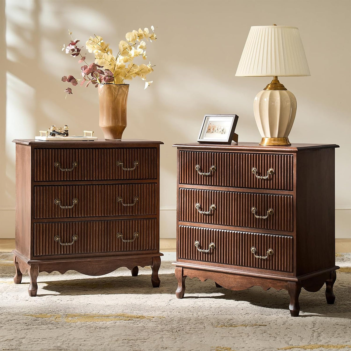 HULALA HOME Transitional Side Table Set of 2 with 3 Drawers and Charging Station, 28" Solid Paulownia Wood Sidetable with Vertical Stripe, Walnut