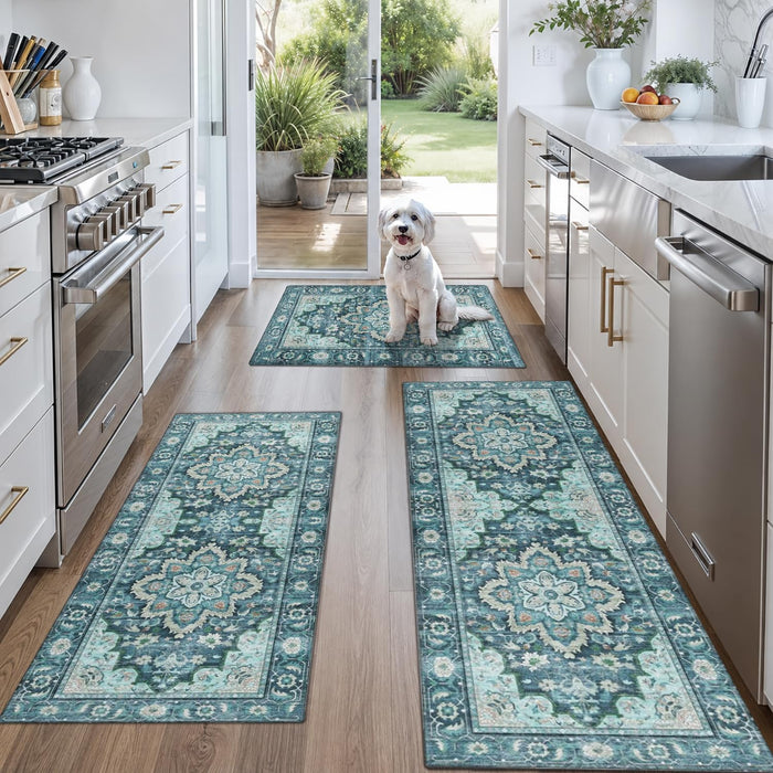 3-Piece Vintage Persian Rug Set - Washable Teal and Blue Area Rugs, Non-Slip Low-Pile Distressed Medallion Entryway Mat, Coastal Indoor Runner Carpet for Hallway, Kitchen and Bedroom