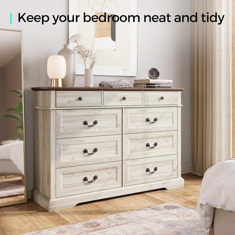 LINSY HOME Farmhouse 9-Drawer Dresser, Beige, for Bedroom